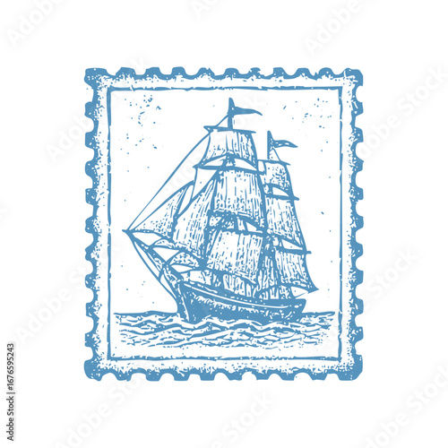 Vintage sailing ship illustration on postage stamp a nautical maritime ocean travel adventure theme image art