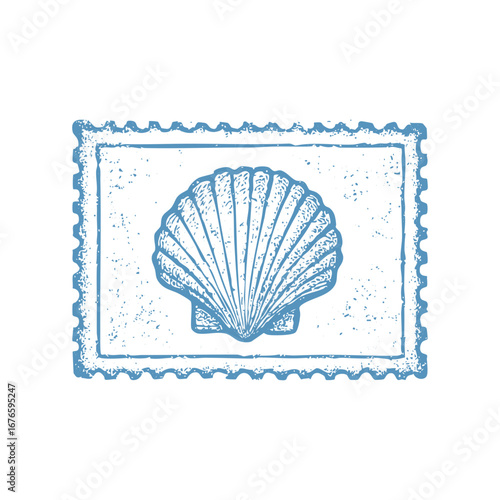Vintage seashell illustration on postage stamp for nautical theme and beach decor and ocean life art print
