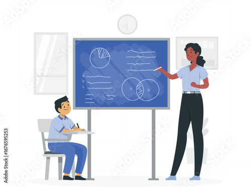 Teacher and student interaction illustration with friendly elements