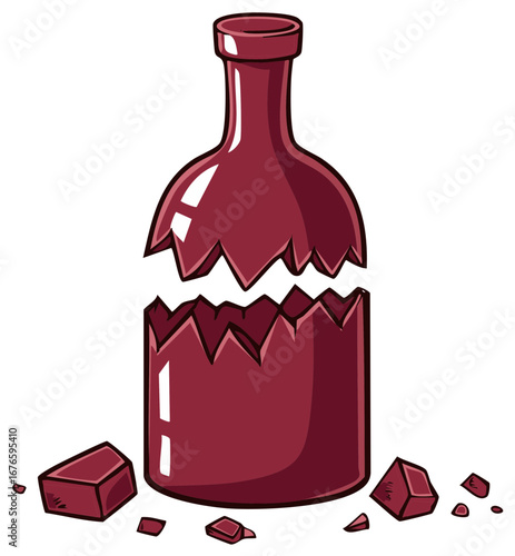 Broken wine bottle illustration with shattered glass and burgundy color