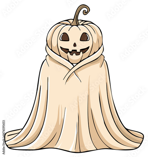 Friendly pumpkin character dressed as a ghost with a sheet for Halloween