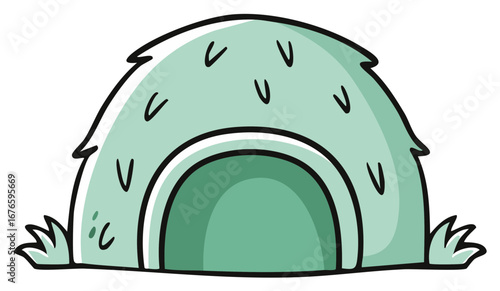Cute cartoon illustration of a green grassy hut or fantasy animal den