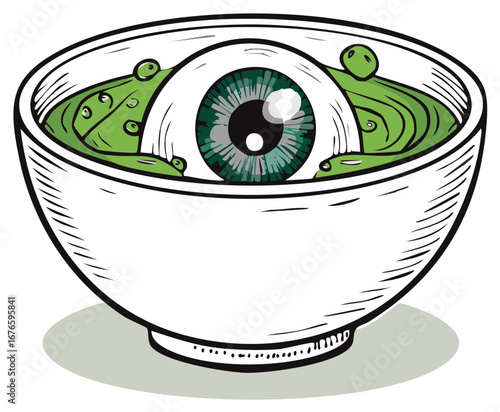 Horror eyeball floats in bubbling green swamp liquid inside a white bowl