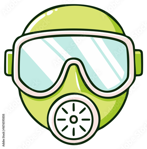 Cartoon style of a gas mask or respirator in green with a safety goggles design