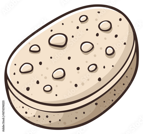 Cartoon illustration of a light brown oval-shaped bread with black dots and outline