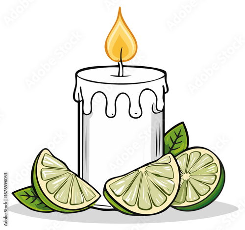 Hand-drawn candle with dripping wax and lime slices, isolated on white background