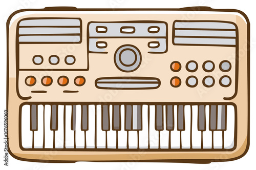 Illustrated Musical Keyboard with Buttons Knobs and Keys