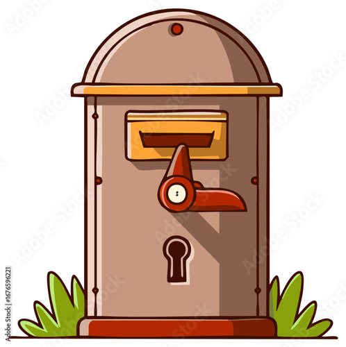 Vintage postal box with mail slot and lock, cartoon style, green grass accents