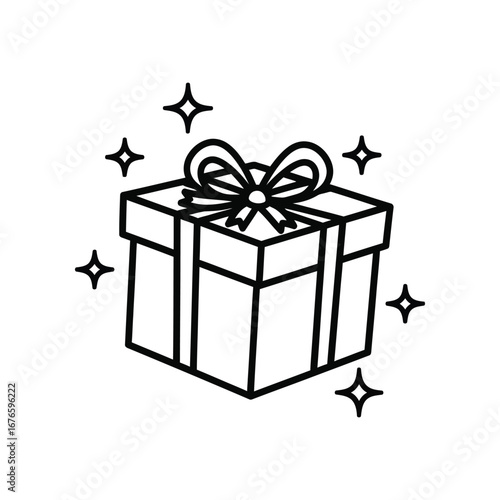 Gift Box Icon: An illustrative gift box with a perfectly tied bow, surrounded by radiating sparkles, suggesting joy and excitement for gifting.