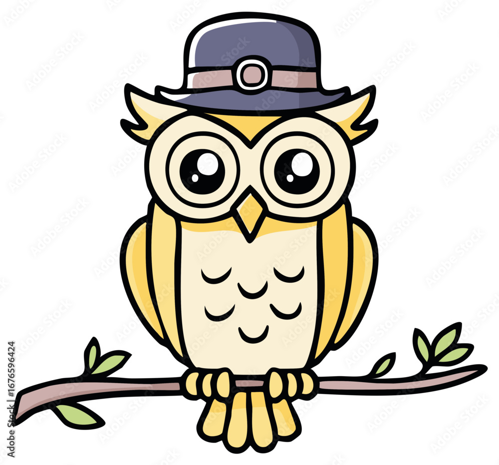 Fototapeta premium Cartoon Owl with Hat Perched on Branch, Cute Bird Illustration for Kids