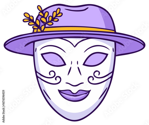 Festive cartoon mask in lavender purple with golden floral adornment perfect for a masquerade ball