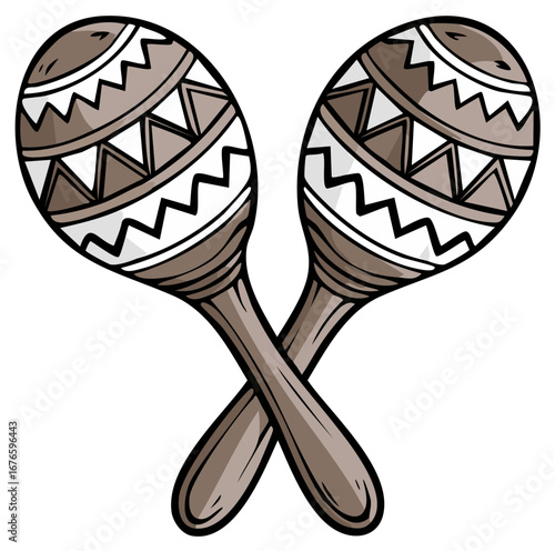 Illustration showing traditional musical instruments with geometric pattern, pair of maracas crossed,  folk art, Latin rhythms