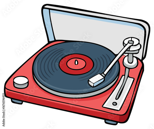 Retro red record player with black vinyl disc and tonearm