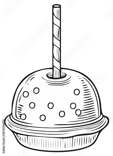 Engraved Candy Apple with Stick. Black and White line Art. Dessert, Engraving Style