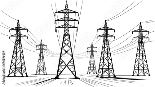High-voltage electricity transmission towers, steel power pylons with cables, electrical infrastructure, industrial energy network, utility poles, electric grid system,