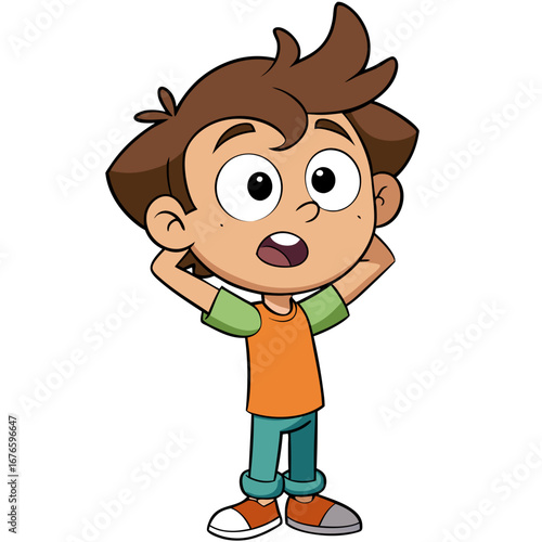 Shocked Boy Cartoon Character with Hands on Head - Surprised Kid with Wide Eyes Expression, Children's Emotion Illustration
