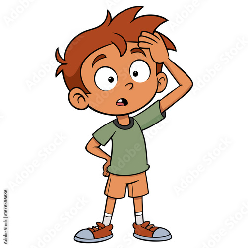 Worried Boy Cartoon Character with Hand on Forehead - Stressed Kid with Anxious Expression, Emotion Illustration
