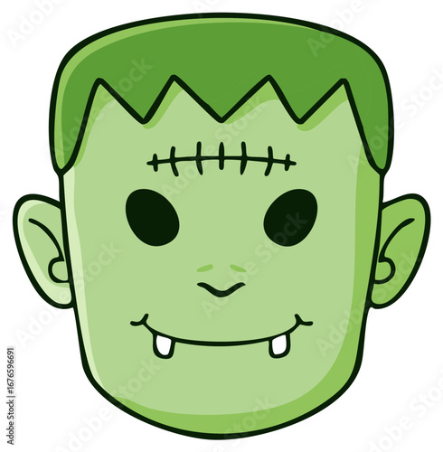 Cartoon Frankenstein Face Illustration for Halloween Concept with Green Skin and Stitches