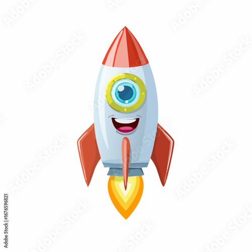 Happy cartoon rocket ship blasting off
