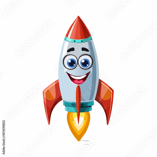Cartoon rocket character launching upwards