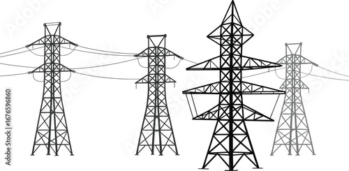 Electric power transmission towers, high-voltage pylons with cables, energy distribution infrastructure, steel utility poles, electrical engineering design, power grid network