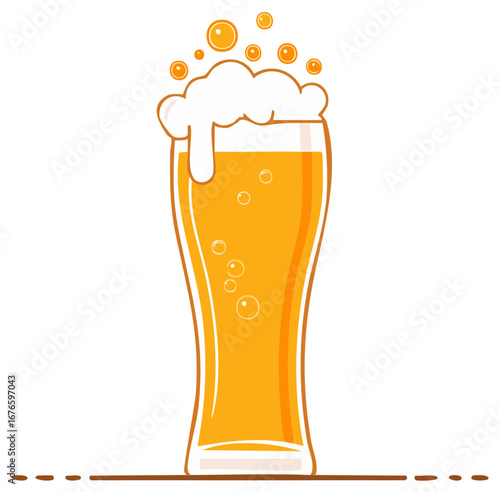 Refreshing Beer Glass with Bubbles and Foam Overflowing  Vector Illustration for Brewery Pub Oktoberfest Party