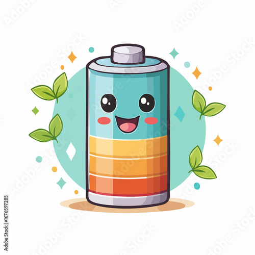 Happy Eco-Friendly Battery Mascot with Leaves