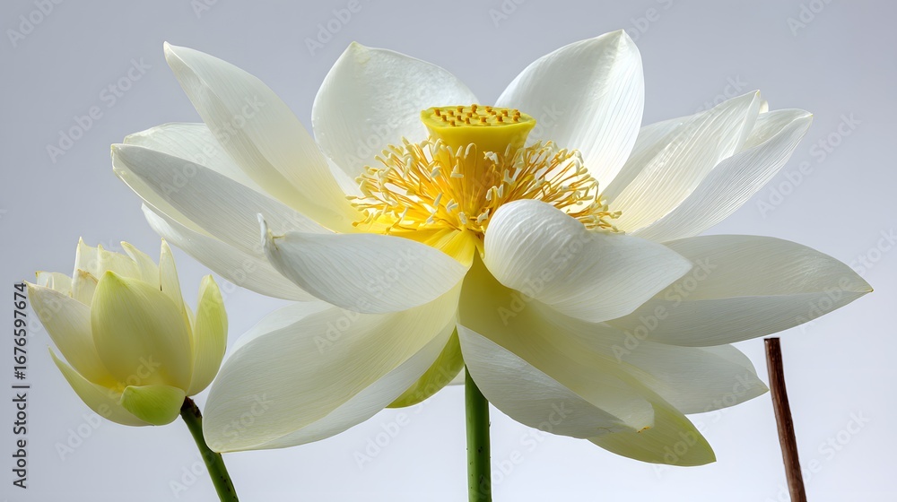 Obraz premium A serene close-up of a magnificent white lotus flower with a delicate yellow center, showcasing its intricate details and soft lighting against a plain backdrop.