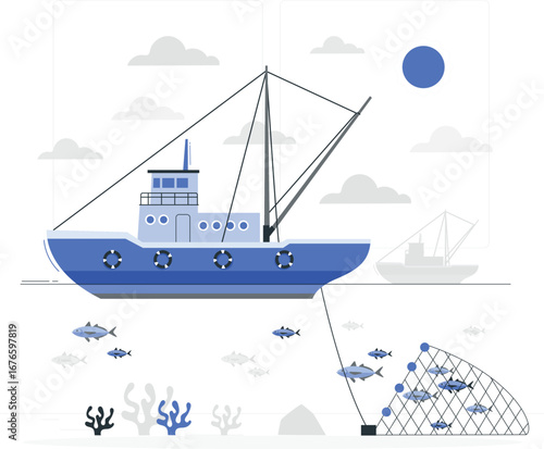 Trawl fishing boat illustration with marine life and ocean elements