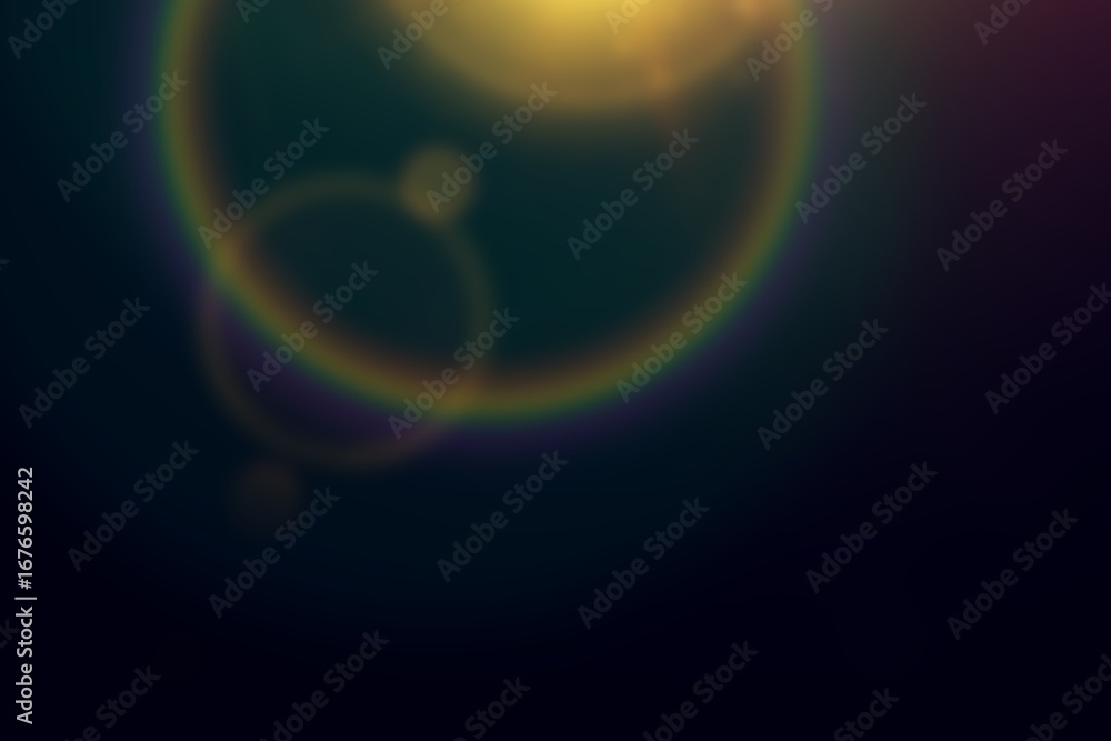 Obraz premium Radiant Sunburst Glow with Circular Lens Reflections, Cosmic Golden Light Effect – Cinematic Flare Background, Glowing Sun Flare with Colorful Rainbow Lens Circles