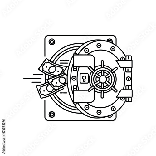 Secure Vault and Currency: A detailed illustration showcases an open vault door, with currency streaming out, symbolizing security and financial transactions.