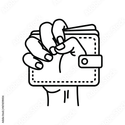 Hand Holding Wallet: A graphic illustration showing a hand firmly gripping a wallet, suggesting concepts of financial control, wealth, and spending.