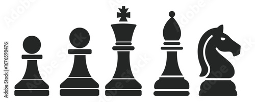 Black chess pieces silhouette vector illustration for strategy and board game design.