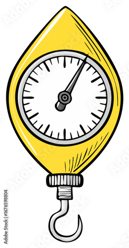 Hand drawn illustration of a yellow spring scale with a hook and measuring dial