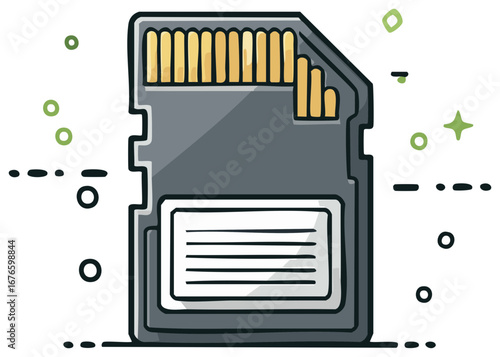 Memory card illustration with grey plastic housing and gold contacts for data storage