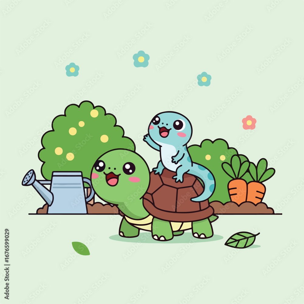 Obraz premium Happy turtle carries friendly lizard through garden with carrots and watering can, creating a whimsical and cheerful scene.