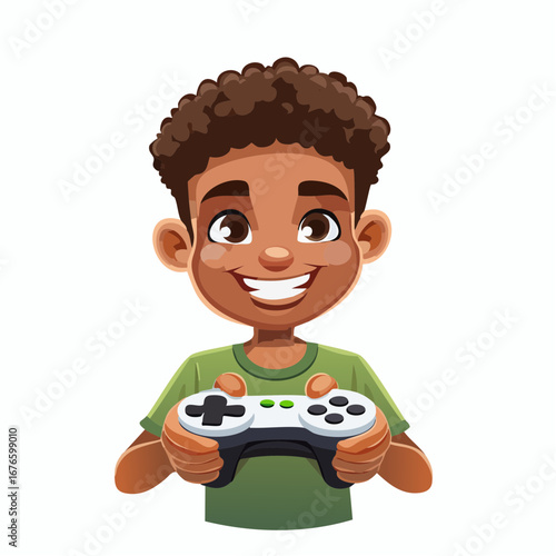 Cheerful cartoon boy of African descent happily playing video games with a controller. Isolated vector illustration of a young gamer