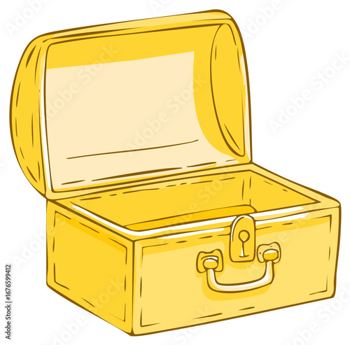 Open Golden Treasure Chest Illustration, Shiny Box, Container of Valuable Goods, Cartoon Style Sketch, Storage for Belongings