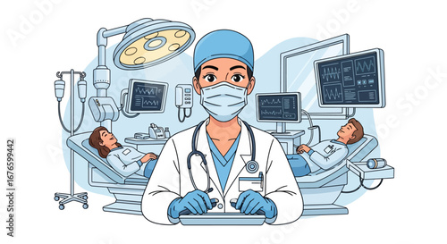 Dedicated Medical Professional in Operating Room Environment with Patients and Advanced Healthcare Technology