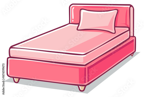 Modern Pink Bed with Pillow Isolated on White Cartoon Style