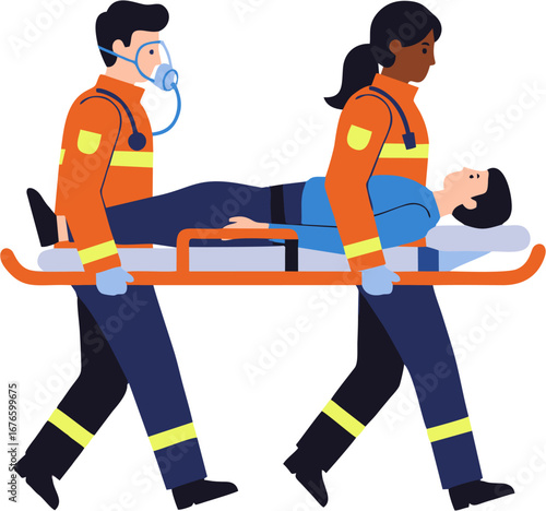 Emergency Responders Carrying Patient on Stretcher Clean Flat Vector Illustration