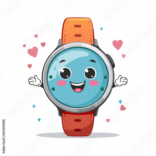 Cute cartoon smartwatch with a friendly face and arms outstretched, conveying affection and warmth with heart decorations