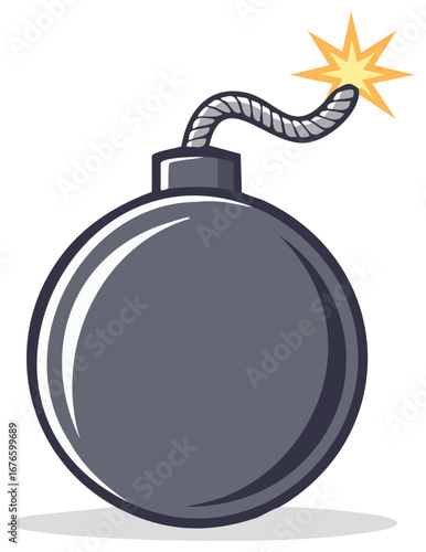 Stylized round cartoon bomb with a lit fuse ready to explode illustration