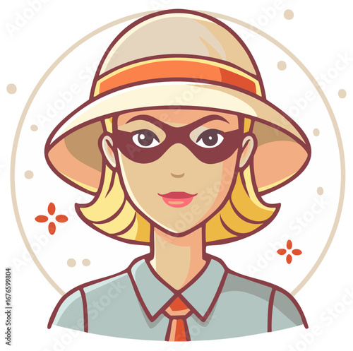 Cartoon female detective wearing hat and mask, spy or secret agent illustration