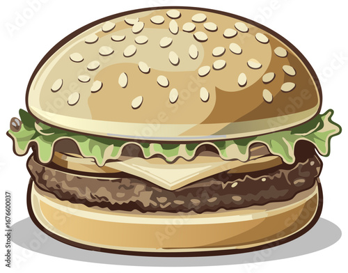 Delicious Hamburger Cheeseburger Fast Food Meal Vector Illustration with Sesame Seeds
