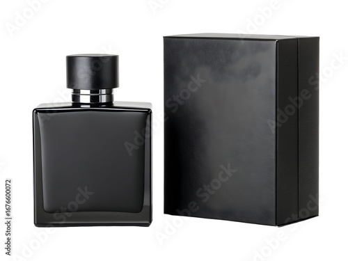 Wallpaper Mural Matte Black Perfume Bottle with Matching Plain Black Box Rectangular Glass Fragrance Container Silver Accents isolated on a transparent background Torontodigital.ca