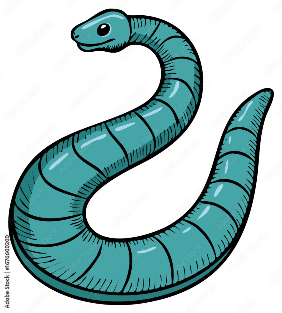 Fototapeta premium Cartoon illustration of a green snake, isolated on a white background, with bold black lines.