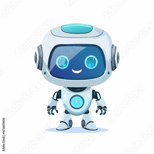 Adorable cartoon robot with a friendly smile and bright blue eyes