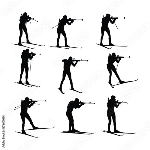 Silhouettes of Biathlon Athletes Skiing and Shooting – Vector Set