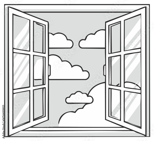 Illustration of an open window with white clouds floating in the gray sky suggesting fresh air